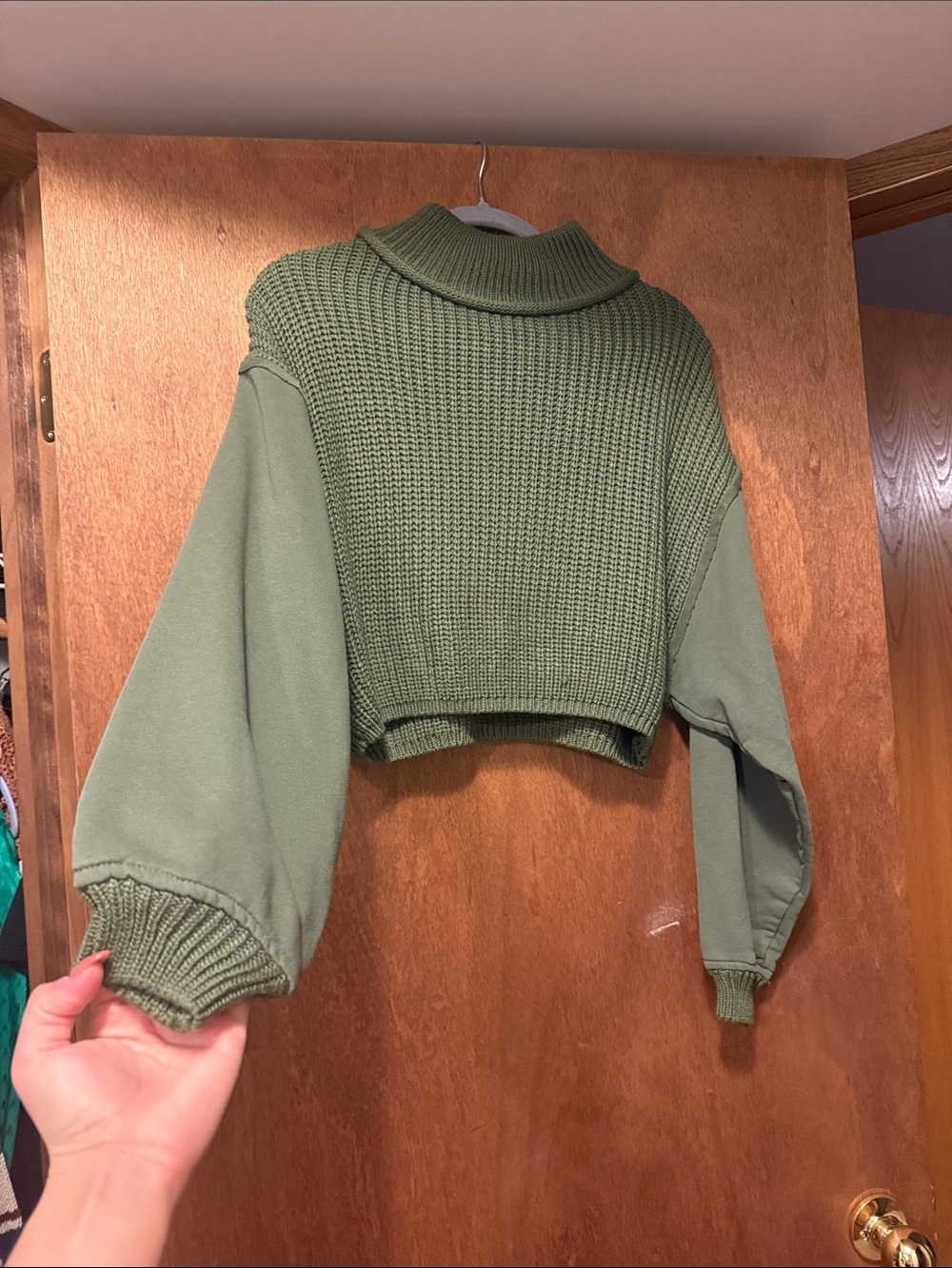 Olive Green Cropped Knit Sweater - Women Sweaters